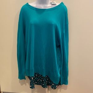 XL Michael Kors teal light sweater with leopard print on bottom with two buttons